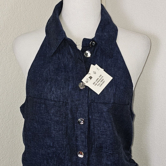 SOLD Zara Womens Dress Sz L Blue/Black Blend 100% Linen TShirt Style Maxi Preppy - Picture 4 of 14